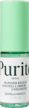 Purito Wonder Releaf Centella Serum Unscented w przezroczystej butelce z zieloną zakrętką, widok z przodu.
