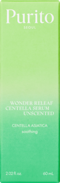 Pionowe zielone pudełko serum Purito Wonder Releaf Centella Unscented, z białym napisem, widok z przodu.