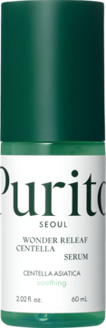 Purito Wonder Releaf Centella Serum, zielona butelka 60ml z białą etykietą, napis "soothing", widok z przodu.
