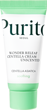 Biała tuba Purito Wonder Releaf Centella Cream Unscented, kojący krem z wąkrotą azjatycką, widok z przodu.