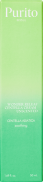 Pionowe zielone opakowanie Purito Wonder Releaf Centella Cream Unscented, kremu do twarzy, z białymi napisami.