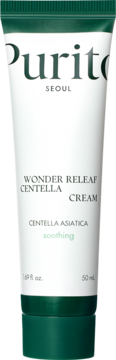 Purito Wonder Releaf Centella Cream, biała tubka z zieloną nakrętką, kojący krem do twarzy z wąkrotą azjatycką, widok z przodu.