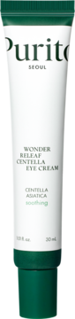 Biała tubka Purito Wonder Releaf Centella Eye Cream z zieloną nakrętką, widok z przodu na zielonym tle.