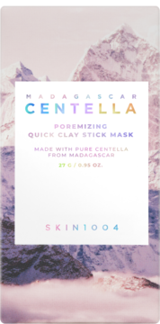 SKIN1004 Madagascar Centella Poremazing Quick Clay Stick Mask. White packaging with colorful text against a mountain backdrop.