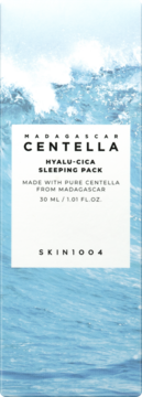 Madagascar Centella Hyalu-Cica Sleeping Pack w niebiesko-białym pudełku z falistym wzorem, widok z przodu.