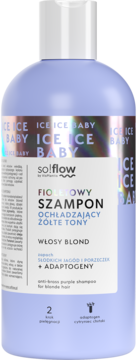 Fioletowy szampon so!flow 'Ice Ice Baby' do blond włosów, neutralizujący żółte tony, przód.