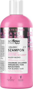 Różowy szampon so!flow do włosów blond, nadaje różowe refleksy, zapach malin i poziomek. Widok z przodu.