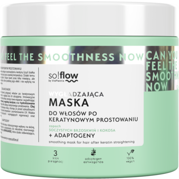 So!flow wygładzająca maska do włosów z adaptogenami, brzoskwinia i kokos, miętowy słoik, przód.