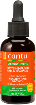Cantu Biotin-Infused Hair & Scalp Oil w ciemnobrązowej butelce z zakraplaczem, pomarańczowa etykieta, wzmacnia włosy.
