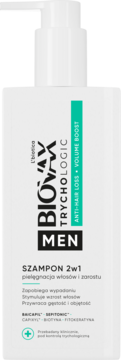 Biovax Men 2w1 szampon Anti-Hair Loss & Volume Boost, biała butelka z zielonym paskiem, przód.