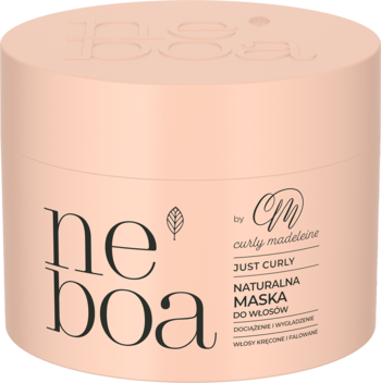 Brzoskwiniowy słoik maski Neboa by Curly Madeleine Just Curly do włosów kręconych, widok lekko z góry.