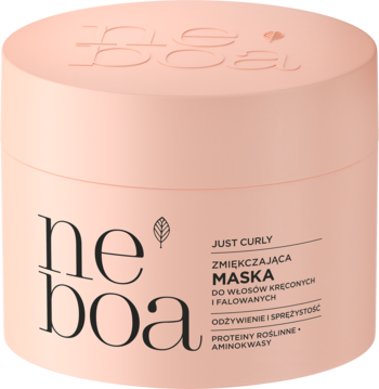 Różowy słoik maski Neboa Just Curly do włosów kręconych, zmiękczającej, z widocznym logo, ujęcie z przodu.
