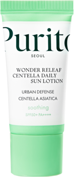 Biało-zielona tubka Purito Wonder Releaf Centella Daily Sun Lotion SPF50+ PA++++, widok z przodu.