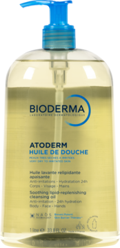 Bioderma Atoderm Huile de Douche, 1L nawilżający olejek do mycia ciała, w butelce z niebieską pompką, przód.