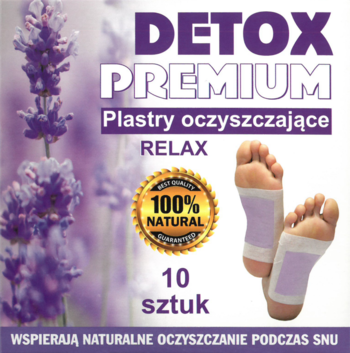 Detox Premium plastry na stopy z lawendą, 10 sztuk, białe opakowanie, wspierają sen i relaks.