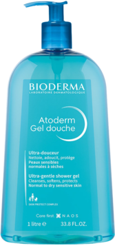 Nawilżający żel Bioderma Atoderm Gel Douche, niebieska przezroczysta butelka z pompką, widok z przodu, 1L.