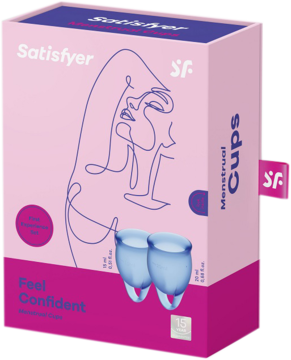 Różowe pudełko Satisfyer z dwoma kubeczkami menstruacyjnymi 15ml i 20ml z silikonu medycznego, widok z boku.