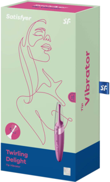 Satisfyer Twirling Delight Tip Vibrator w zielono-różowym pudełku z liniowym rysunkiem twarzy, widok z przodu.