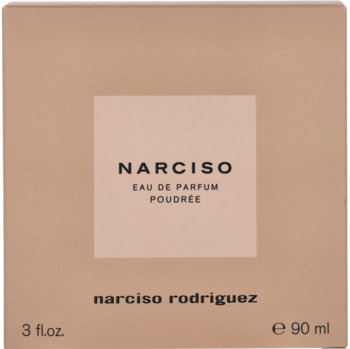 Beżowe pudełko Narciso Poudree Eau de Parfum 90ml, widok z przodu z jaśniejszym kwadratem i czarnym tekstem.