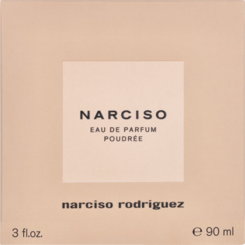 Kwadratowe, różowo-beżowe pudełko perfum Narciso Poudree Eau de Parfum 90 ml, widok z przodu.