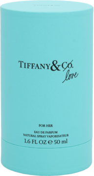 Tiffany & Co. Love For Her 50ml Eau de Parfum w cylindrycznym flakonie Tiffany Blue, widok z przodu.