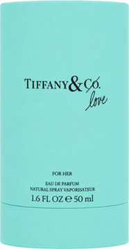 Tiffany & Co. Love For Her EDP 50ml, turkusowe opakowanie z białymi napisami i czarnym 'love', widok z przodu.