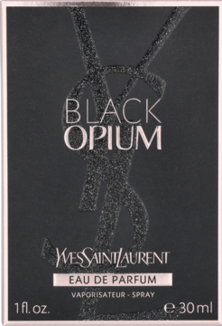 Czarne pudełko perfum YSL Black Opium 30ml, z błyszczącym logo i napisem, widok z przodu.