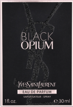 Perfumy Black Opium Yves Saint Laurent, czarne prostokątne pudełko z błyszczącym logo YSL, napis Eau de Parfum, widok z przodu.