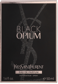 Yves Saint Laurent Black Opium EDP, czarne brokatowe opakowanie z przodu z błyszczącym logo YSL.