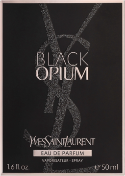 Czarny, brokatowy kartonik perfum Yves Saint Laurent Black Opium EDP 50 ml, z srebrnym logo, widok z przodu.