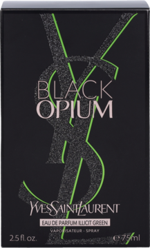 Czarne pudełko perfum YSL Black Opium Illicit Green z neonowo zielonym logo i napisem, widok z przodu.