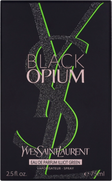 Yves Saint Laurent Black Opium Illicit Green, 75ml. Czarny, brokatowy kartonik z neonowym logo YSL.