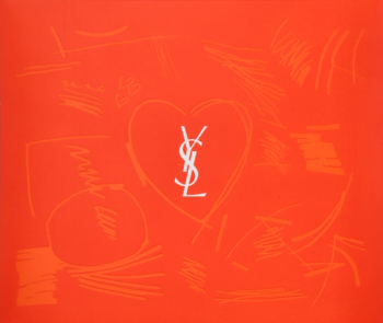 Pomarańczowe opakowanie zestawu YSL Libre z białym logo YSL w sercu, otoczone artystycznymi rysunkami.