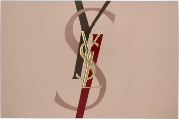 Logo YSL Libre: złote, metaliczne litery na beżowym tle, przeplatające się z brązowymi i czerwonymi monogramami.