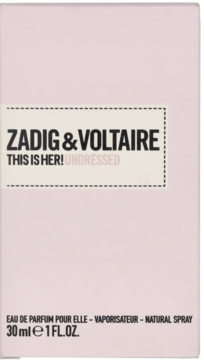 Różowe pudełko perfum Zadig & Voltaire This Is Her! Undressed 30ml, z białym panelem tekstowym, widok z przodu.