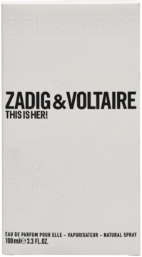 Białe opakowanie perfum ZADIG & VOLTAIRE THIS IS HER! 100ml, widok z przodu z czarnym napisem.