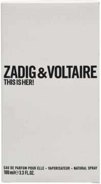 Białe opakowanie perfum ZADIG & VOLTAIRE THIS IS HER! 100ml, widok z przodu z czarnym napisem.