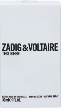 Zadig & Voltaire This is Her! Eau de Parfum, białe kartonowe pudełko, widok z przodu, czarne napisy, 30ml.