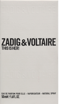 Białe opakowanie perfum Zadig & Voltaire This is Her! 50ml z czarnym napisem, widok z przodu.