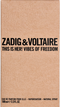Beżowe, kartonowe pudełko Zadig & Voltaire This is Her! Vibes of Freedom EDP dla kobiet 100ml, widok z przodu.