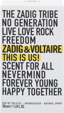 Białe pudełko Zadig & Voltaire This is Us! EDT 50ml, z czarnymi napisami i żółtymi akcentami, widok z przodu.