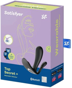 Fioletowe pudełko z wibratorem Satisfyer Top Secret +. Czarny, ergonomiczny wibrator widoczny przez opakowanie.