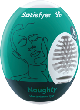 Satisfyer Masturbator Egg Naughty, zielone jajko z grafiką twarzy i widoczną wewnętrzną teksturą, widok z przodu.