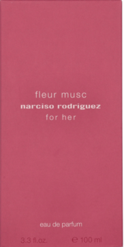 Fleur Musc for Her Narciso Rodriguez perfumy, różowe pudełko, widok z przodu, białe napisy, 100ml.