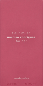 Różowe pudełko perfum Narciso Rodriguez Fleur Musc for Her eau de parfum, widok z przodu z jasnoróżowym tekstem.
