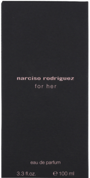 Ciemne, matowe pudełko perfum Narciso Rodriguez For Her, z różowymi napisami, widok z przodu.