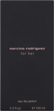 Czarne, prostokątne opakowanie Narciso Rodriguez For Her eau de parfum 100 ml z różowozłotym napisem, widok z przodu.