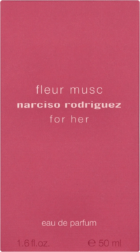 Ciemnoróżowe pudełko perfum Fleur Musc Narciso Rodriguez for her 50ml, widok z przodu, białe napisy.