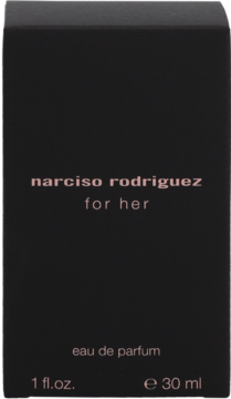 Czarne pudełko Narciso Rodriguez For Her eau de parfum, z różowo-złotym napisem, widok z przodu.