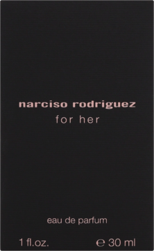 Matowe, czarne pudełko Narciso Rodriguez For Her eau de parfum 30 ml, różowe logo i nazwa, widok z przodu.